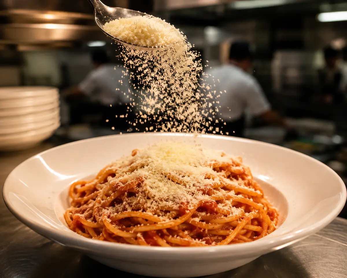 Queso parmesano análogo rallado fino cayendo sobre un plato de pasta